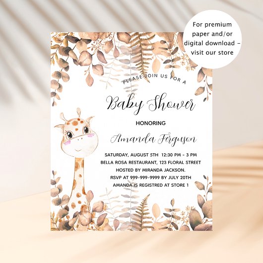 Prospectus 11,4 Cm X 14,2 Cm Invitation budgétaire girafe baby shower eucalyptu
