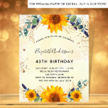 Prospectus 11,4 Cm X 14,2 Cm Invitation budgétaire pour l'anniversaire de tourn<br><div class="desc">Veuillez noter que cette invitation est sur papier de prospectus et très mince. Les enveloppes ne sont pas incluses. Pour des invitations plus épaisses (même conception), veuillez visiter notre magasin. Pour une fête d'anniversaire de 40e (ou tout âge). Un arrière - plan doré à l'eau décoré de tournesols aquarellés, d'eucalyptus...</div>