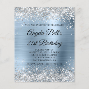 Prospectus 11,4 Cm X 14,2 Cm Invitation d'anniversaire 21 ans Bleu Pâle Paillet