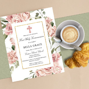 Prospectus 11,4 Cm X 14,2 Cm Invitation de première communion florale rose bon