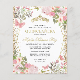Prospectus 11,4 Cm X 14,2 Cm Invitation Floral Blush or Tiara Quinceañera pas c