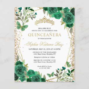 Prospectus 11,4 Cm X 14,2 Cm Invitation Floral Green Gold Tiara Quinceañera pas