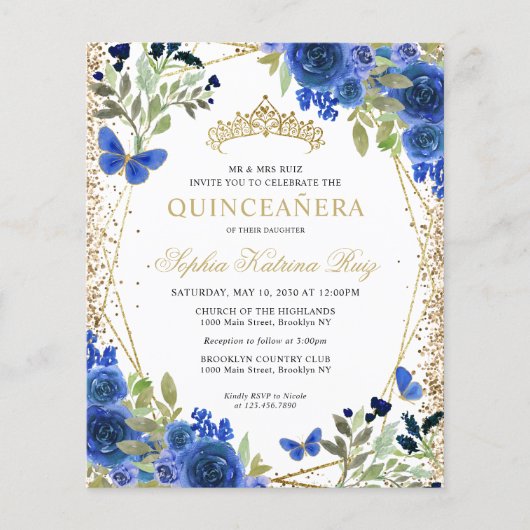 Prospectus 11,4 Cm X 14,2 Cm Invitation Floral Navy bleu or Quinceañera (Devant)