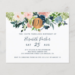 Prospectus 11,4 Cm X 14,2 Cm Invitation pour la 100e fête d'anniversaire fleuri