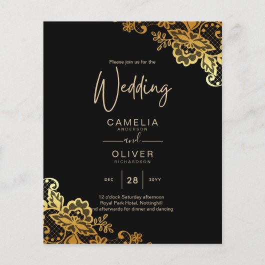 Prospectus 11,4 Cm X 14,2 Cm Invitations Black Gold Lace Wedding (Devant)