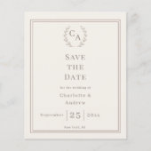 Prospectus 11,4 Cm X 14,2 Cm Ivory taupe monogram wreath wedding Save the Date  (Devant)