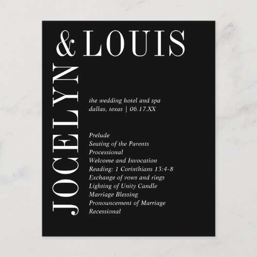 Prospectus 11,4 Cm X 14,2 Cm Jocelyn Black Programme de mariage moderne (Devant)