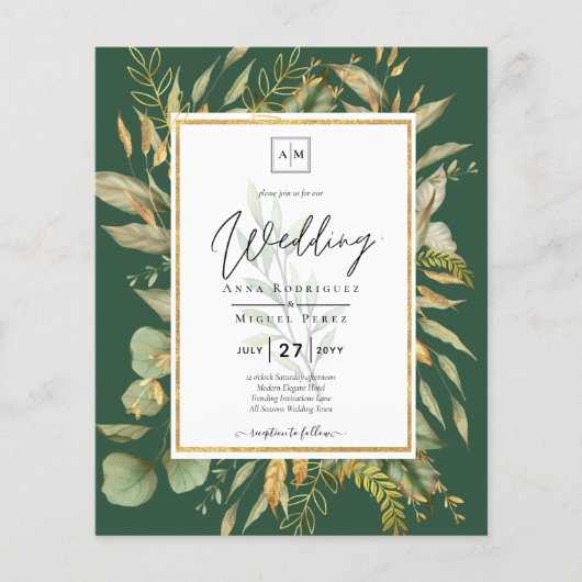 Prospectus 11,4 Cm X 14,2 Cm LeahG Emerald Green Greenery Mariage Invitation (Devant)