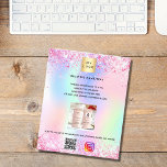 Prospectus 11,4 Cm X 14,2 Cm Logo de boulangerie pâtisserie holographique code<br><div class="desc">Personnalisez et ajoutez votre logo,  nom,  adresse,  votre texte,  votre propre code QR à votre compte instagram. Rosée,  violette,  or rose,  vert menthe,  fond holographique décoré de poussière de parties scintillant et de cupcakes.  
Retour : ajoutez votre texte,  photo,  code qr à votre compte Instagram.</div>