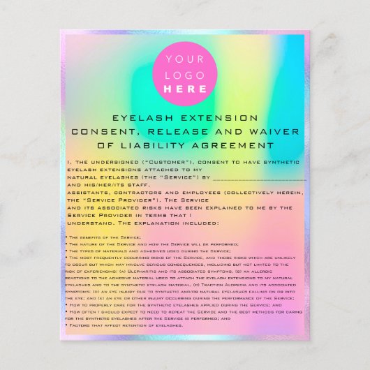Prospectus 11,4 Cm X 14,2 Cm Logo Holographe EYELASH EXTENSION RELEASE WAIVER (Devant)