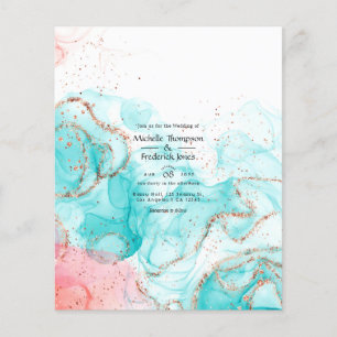 Prospectus 11,4 Cm X 14,2 Cm Mariage à l'encre d'alcool Turquoise, Corail et Or