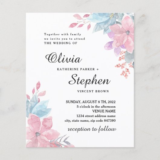 Prospectus 11,4 Cm X 14,2 Cm Mariage végétal rose aquarelle. Blush Invi (Devant)