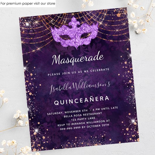 Prospectus 11,4 Cm X 14,2 Cm Masquerade Quinceanera invitation budget violet
