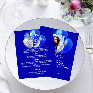 Prospectus 11,4 Cm X 14,2 Cm Menu Anniversaire bleu royal ballons blancs faits