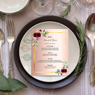 Prospectus 11,4 Cm X 14,2 Cm Menu de mariage fleurs rose or burgundy budget