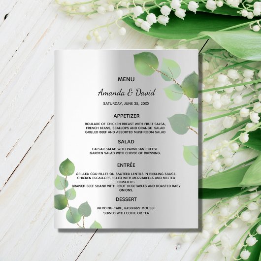 Prospectus 11,4 Cm X 14,2 Cm Menu mariage argent eucalyptus budget vert