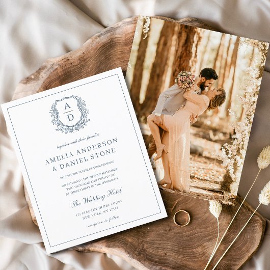 Prospectus 11,4 Cm X 14,2 Cm Monogramme bleu Dusty Crest Mariage Élégant