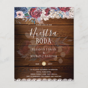 Prospectus 11,4 Cm X 14,2 Cm Nuestra Boda Burgundy Blue Floral Lace INVITATION