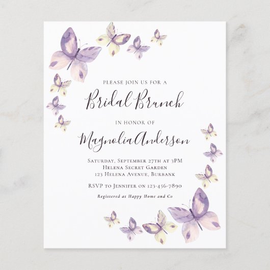 Prospectus 11,4 Cm X 14,2 Cm PAPER Pink Butterfly Bridal Brunch Invitation (Devant)