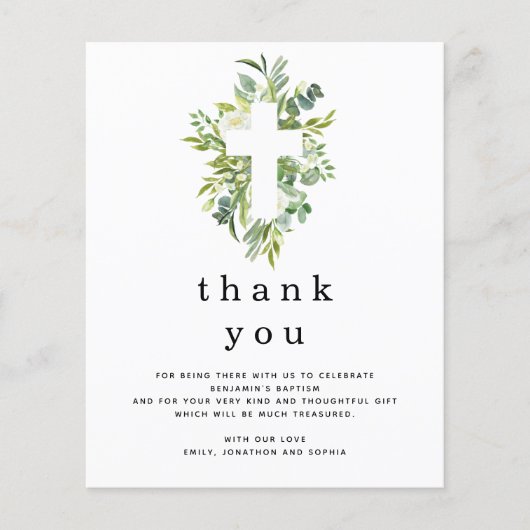 Prospectus 11,4 Cm X 14,2 Cm PAPIER | Eucalyptus Feuille Croix Baptême Merci (Devant)