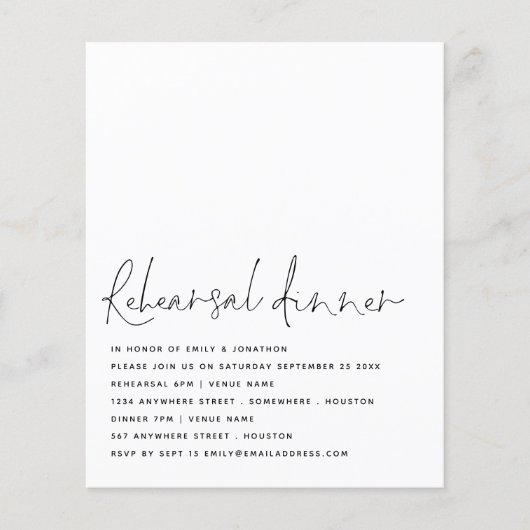 Prospectus 11,4 Cm X 14,2 Cm PAPIER | Script Black White Rehearsal Invitation (Devant)