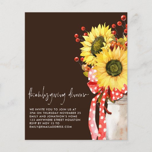 Prospectus 11,4 Cm X 14,2 Cm PAPIER | Tournesol Thanksgiving Dîner Invitation B (Devant)
