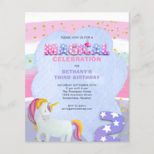 Prospectus 11,4 Cm X 14,2 Cm PAPIER Unicorn Magique 3ème anniversaire Invitat
