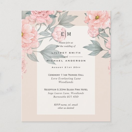 Prospectus 11,4 Cm X 14,2 Cm Peach PEONIES Lilac Mariage Inviter BUDGET (Devant)