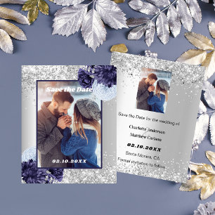 Prospectus 11,4 Cm X 14,2 Cm Photo florale bleu argent Enregistrer le mariage d
