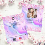 Prospectus 11,4 Cm X 14,2 Cm Photo holographique code qr instagram logo commerc<br><div class="desc">Personnalisez et ajoutez votre logo,  nom,  adresse,  votre texte,  votre propre code QR à votre compte instagram. Rosée,  violette,  bleue,  fond holographique décoré de confettis. Retour : ajoutez une photo et racontez l'histoire de votre marque.</div>