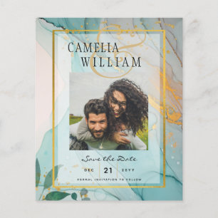Prospectus 11,4 Cm X 14,2 Cm PHOTO MARIAGE ENREGISTRER LA DATE Teal Or Encre Le