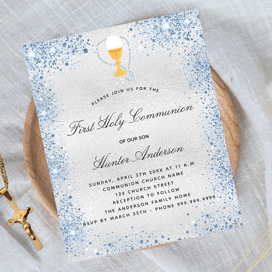Prospectus 11,4 Cm X 14,2 Cm Première communion argent bleu budget invitation