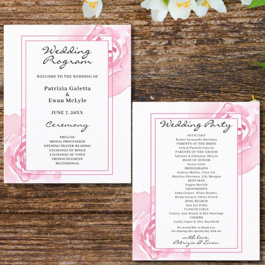 Prospectus 11,4 Cm X 14,2 Cm Programme de mariage rose Roses