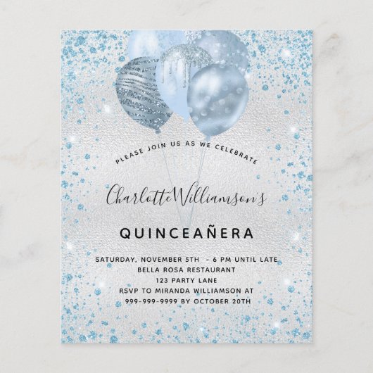 Prospectus 11,4 Cm X 14,2 Cm Quinceanera argent bleu parties scintillant invita (Devant)