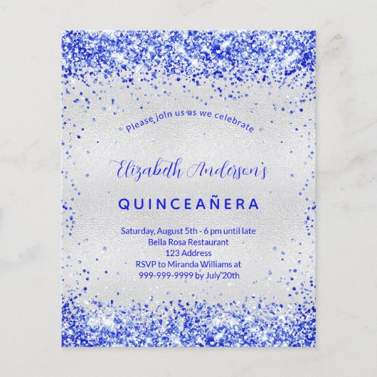 Prospectus 11,4 Cm X 14,2 Cm Quinceanera argent royal bleu budget invitation (Devant)