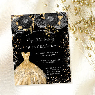 Prospectus 11,4 Cm X 14,2 Cm Quinceanera robe d'or noir invitation florale