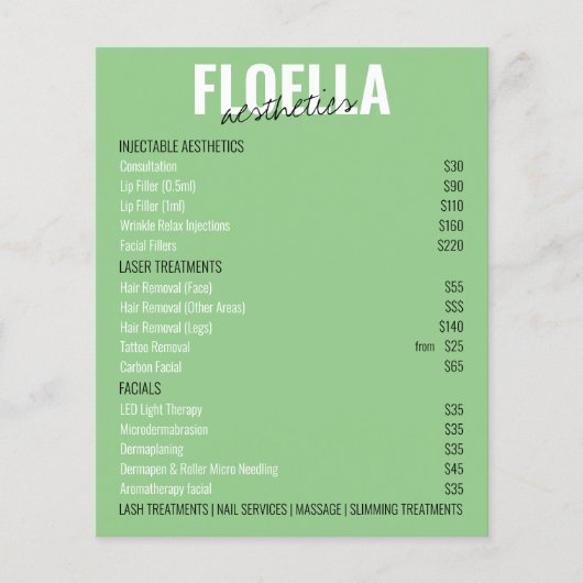 Prospectus 11,4 Cm X 14,2 Cm Salon d'esthétique verte naturel Services Tarifs (Devant)