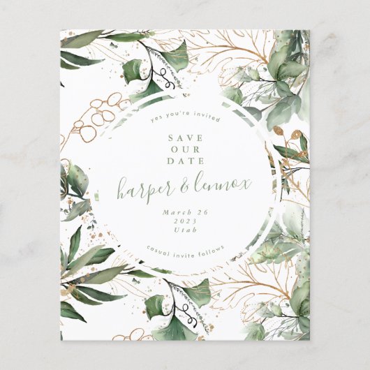 Prospectus 11,4 Cm X 14,2 Cm save the date Eucalyptus Gold Boho Modern budget (Devant)