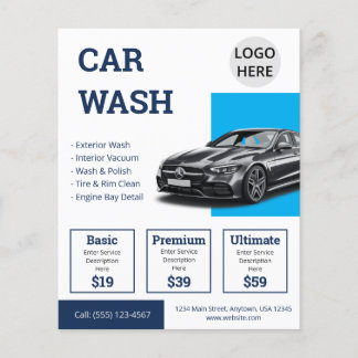 Prospectus 11,4 Cm X 14,2 Cm Services de lavage de voiture bleu marine Promotio