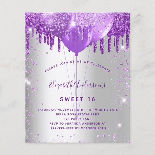 Prospectus 11,4 Cm X 14,2 Cm Sweet 16 argent violet invitation budget (Devant)