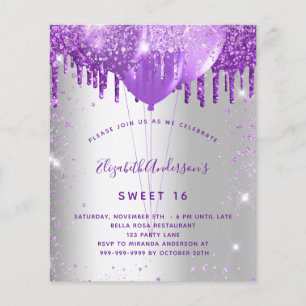 Prospectus 11,4 Cm X 14,2 Cm Sweet 16 argent violet invitation budget