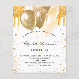 Prospectus 11,4 Cm X 14,2 Cm Sweet 16 Ballons d'or blanc invitation budgétaire