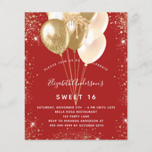 Prospectus 11,4 Cm X 14,2 Cm Sweet 16 ballons d'or rouge invitation budget