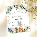 Prospectus 11,4 Cm X 14,2 Cm Sweet 16 eucalyptus greenery invitation budget<br><div class="desc">Veuillez noter que cette invitation est sur papier de prospectus et très mince. Les enveloppes ne sont pas incluses. Pour des invitations plus épaisses (même conception), veuillez visiter notre magasin. Pour une Soirée 16, 16e anniversaire. Un arrière - plan blanc décoré de verdure d'eucalyptus et de feuilles dorés. Taches de...</div>