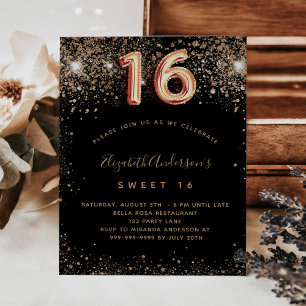 Prospectus 11,4 Cm X 14,2 Cm Sweet 16 parties scintillant d'or noir invitation
