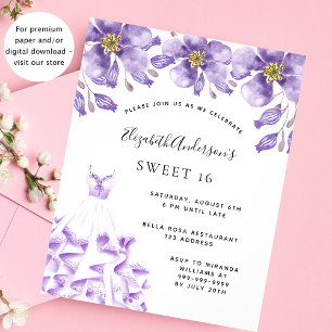 Prospectus 11,4 Cm X 14,2 Cm Sweet 16 robe violet robe à budget floral invitati