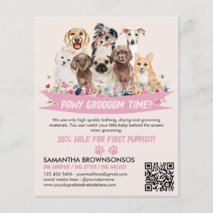 Prospectus 11,4 Cm X 14,2 Cm Toiletteuse pour chiens illustrée de fleurs simple