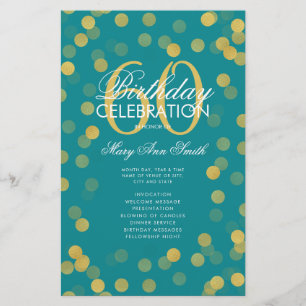 Prospectus 14 Cm X 21,6 Cm 60e Anniversaire Programme Gold Confetti Menu Turq