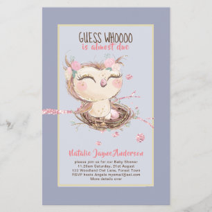 Prospectus 14 Cm X 21,6 Cm Adorable OWL Baby shower Filles ou garçons Invitat