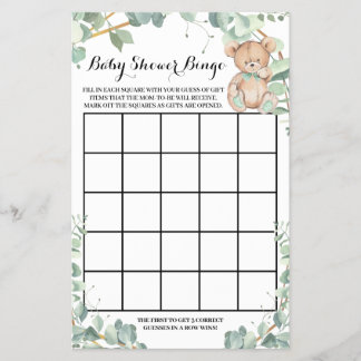Prospectus 14 Cm X 21,6 Cm Bear Greenery Gold Baby Shower Bingo Game Card